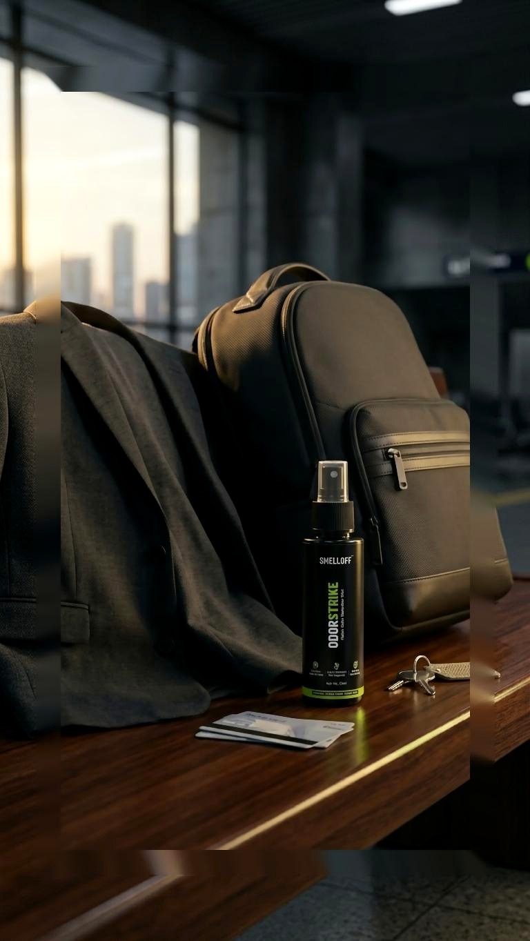 ODORSTRIKE 50ml on an office bench beside a jacket and backpack