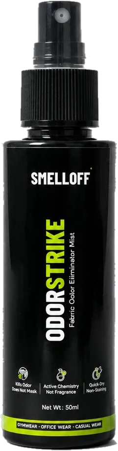 ODORSTRIKE bottle, front label: fabric odor eliminator mist, net weight 50ml