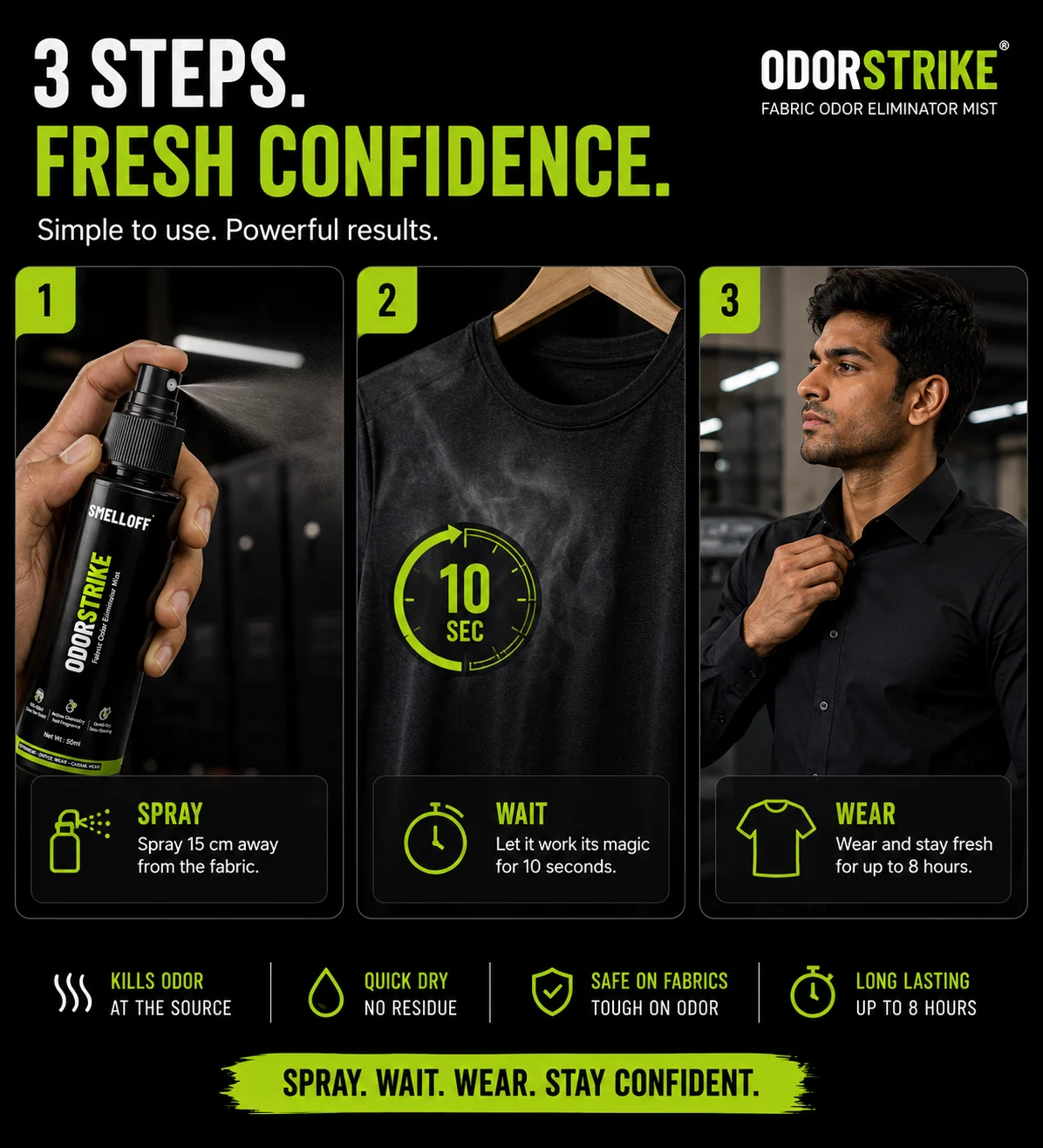 Three steps: spray the fabric from 15 cm away, wait 10 seconds, then wear it and stay fresh for up to 8 hours.