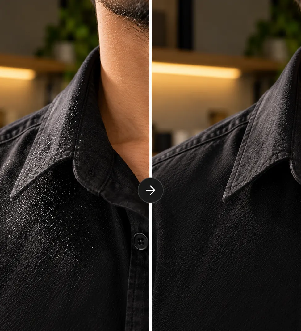Before and after on a black shirt collar: fine spray droplets just after spraying, then the same collar dried clear