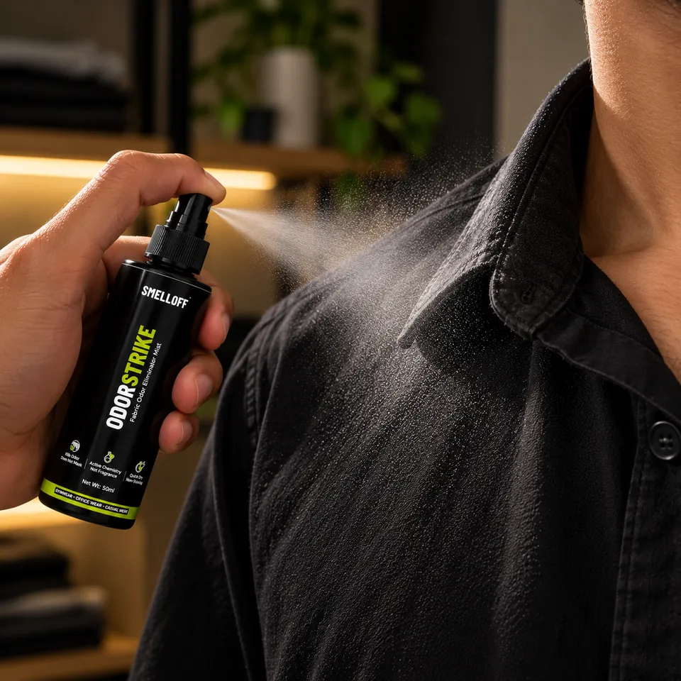 ODORSTRIKE being sprayed onto the collar of a black shirt: a fine mist on the fabric, not the skin
