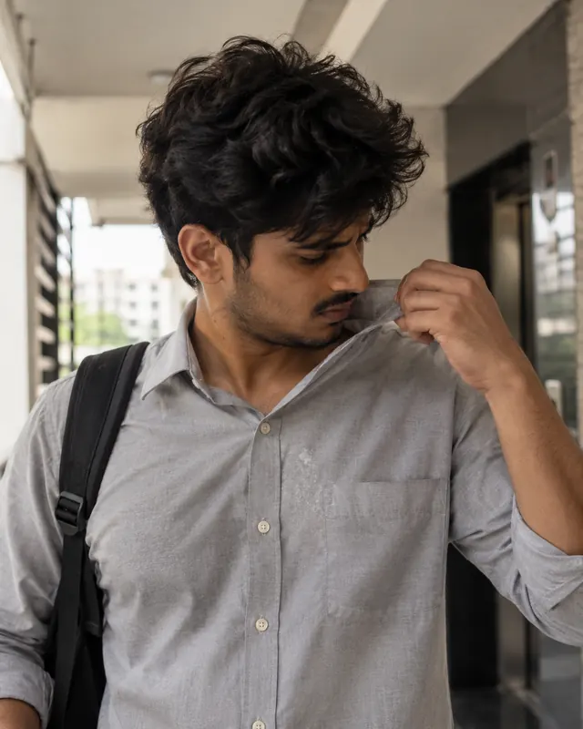 A man in a grey office shirt pulls his collar up to check how it smells after the commute.