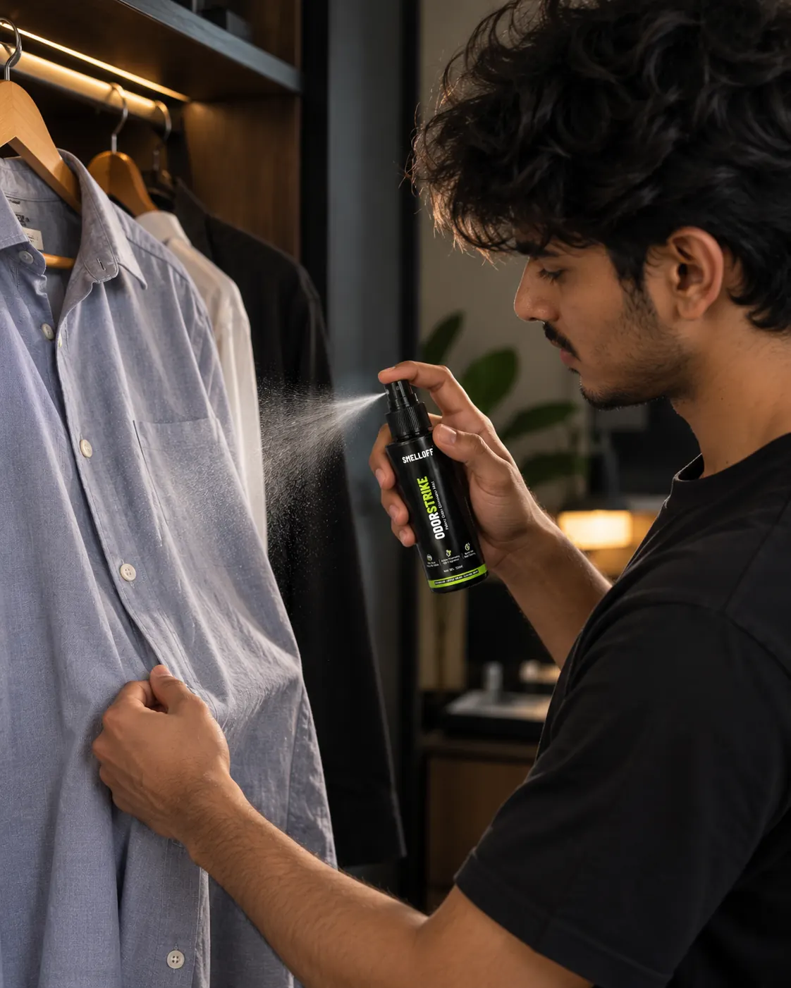 A man sprays ODORSTRIKE onto a light-blue shirt hanging in his wardrobe; the mist lands on the fabric.