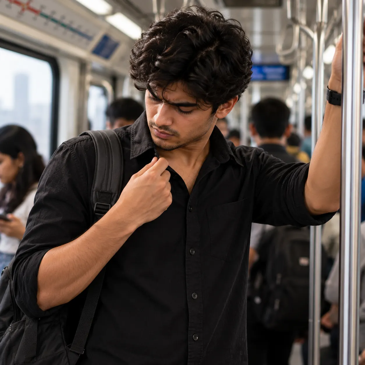 A commuter on a crowded metro tugs at his black shirt collar and checks how it smells.