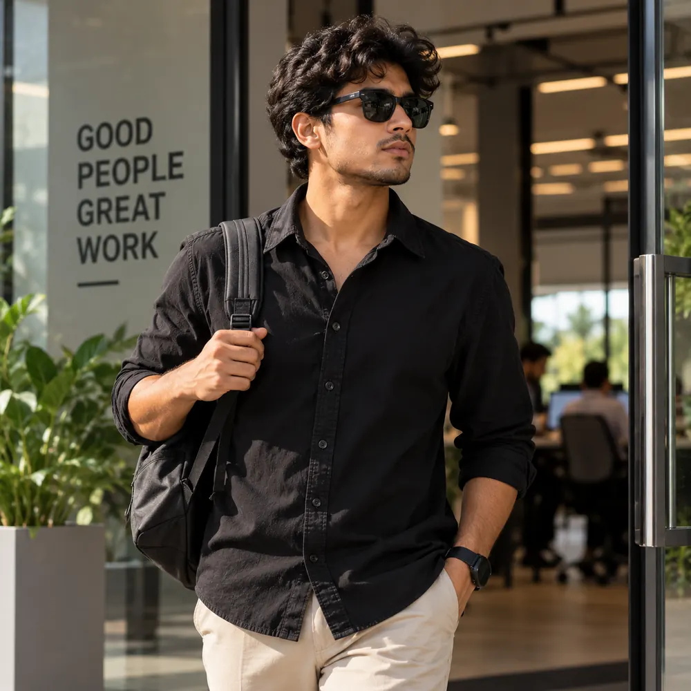 A man in a black shirt walking out of his office, backpack on one shoulder.