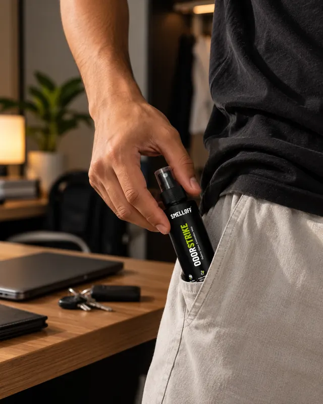 The ODORSTRIKE bottle going into a trouser pocket