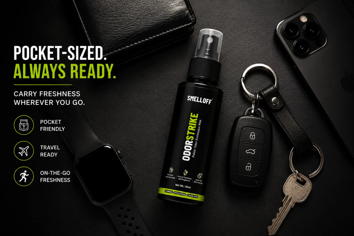 ODORSTRIKE bottle with wallet, watch, car key and phone — everyday carry flat lay