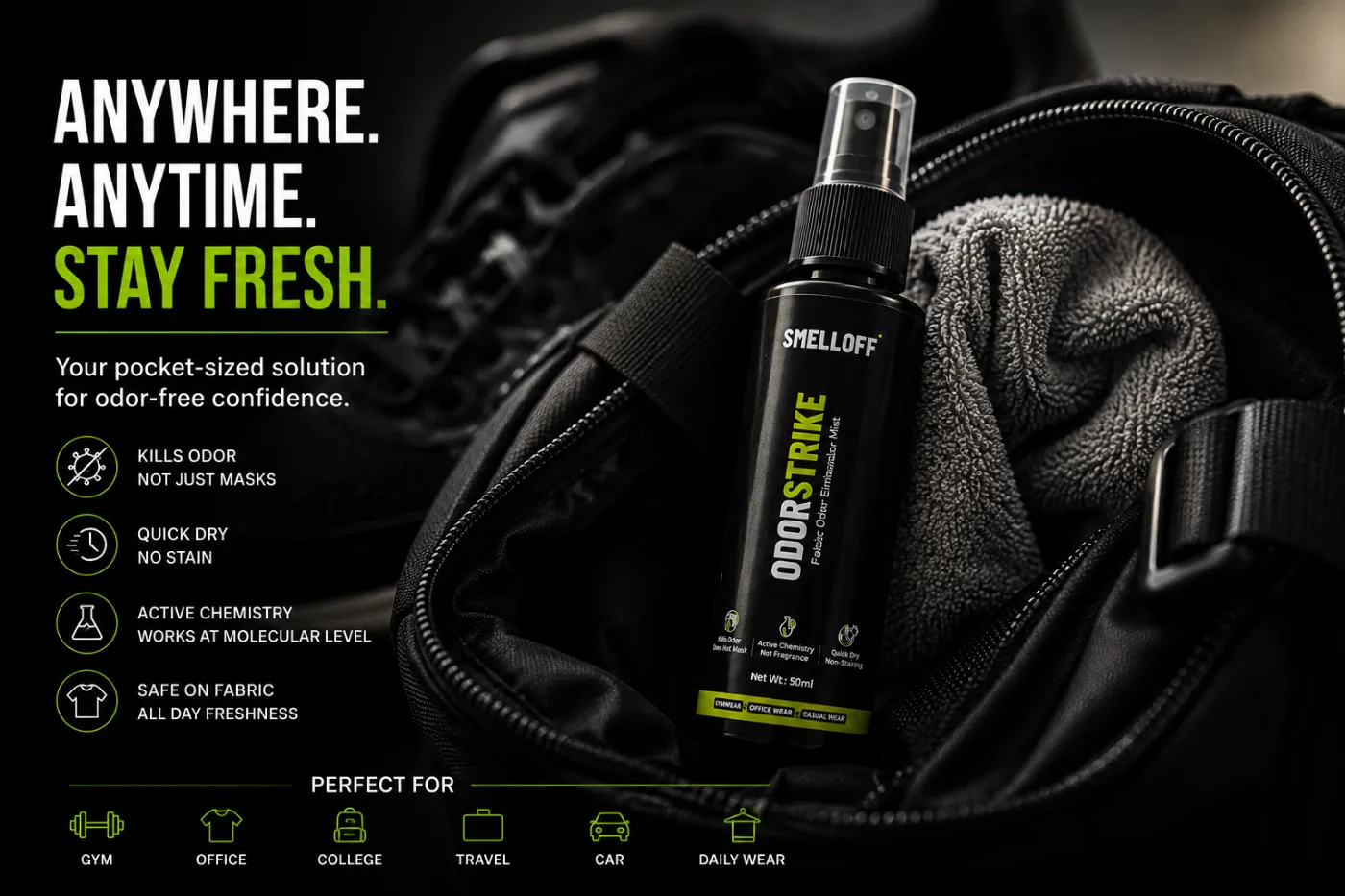 ODORSTRIKE bottle tucked into a gym bag with a towel — anywhere, anytime freshness
