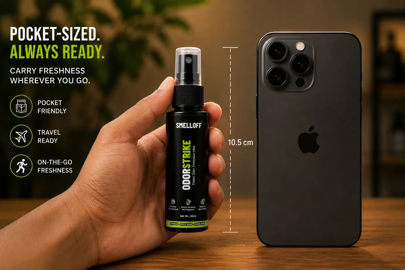 ODORSTRIKE 50ml fabric odor eliminator held in hand — pocket-sized next to a phone