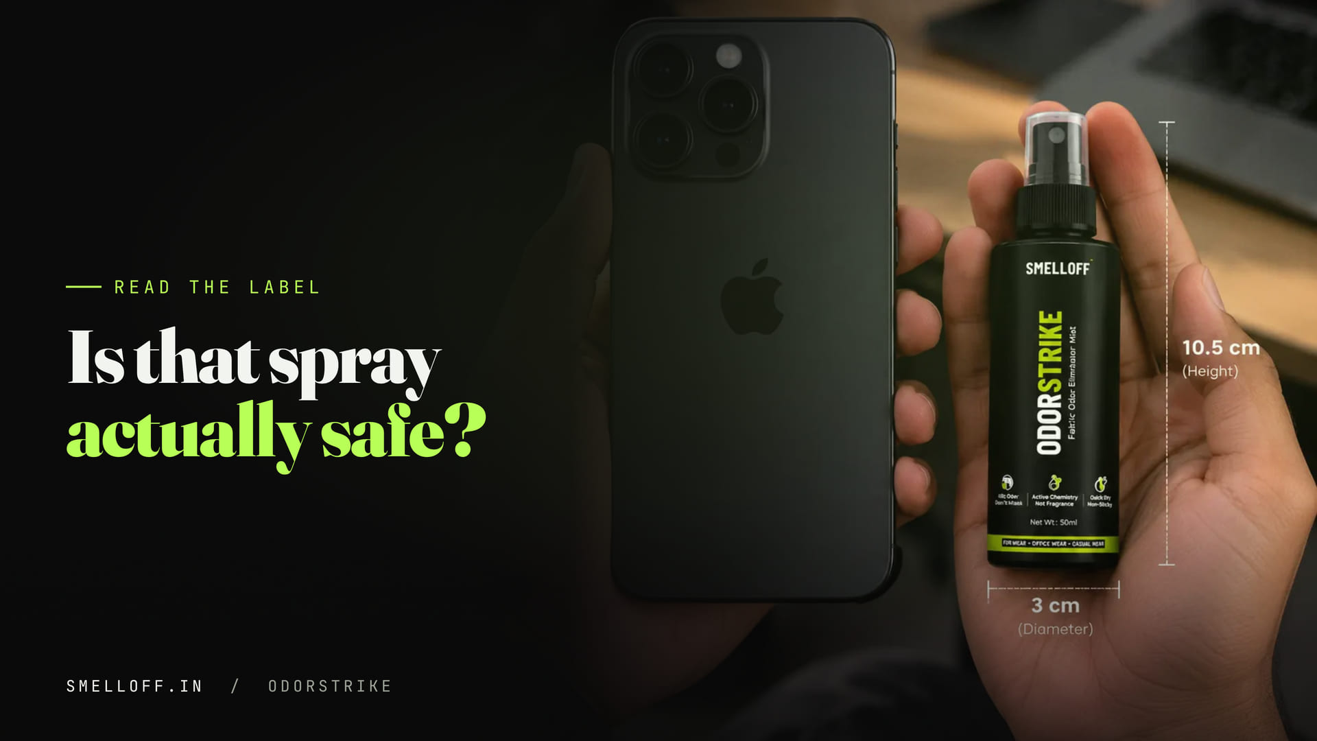 A hand holds the ODORSTRIKE bottle beside a phone to show its pocket size and label
