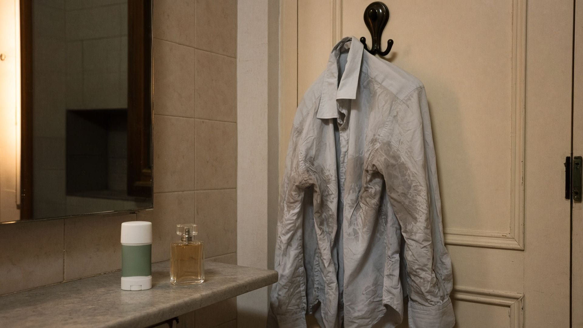 A deodorant stick and perfume bottle on a bathroom shelf with a sweat-damp office shirt hanging behind them