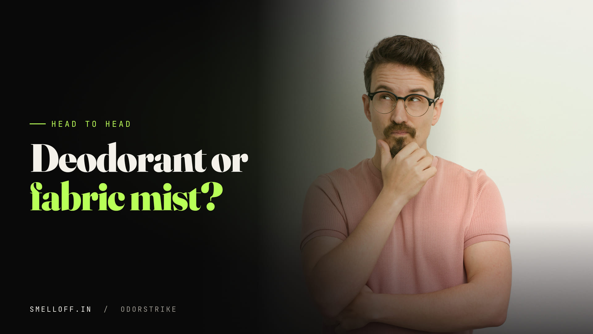 A man looks uncertain as he weighs deodorant against a fabric mist for stopping sweat smell