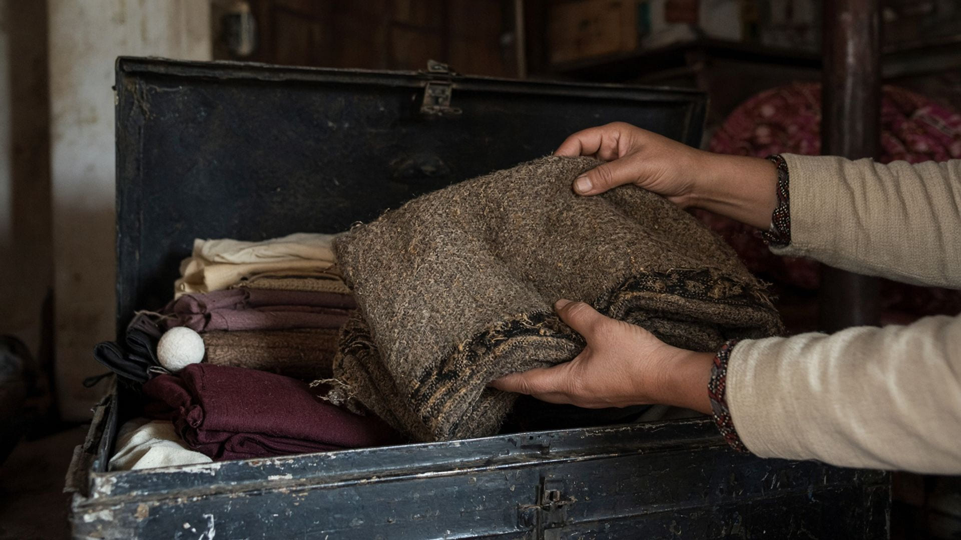 Hands lifting folded winter clothes from a stored steel trunk in a dim Indian storeroom