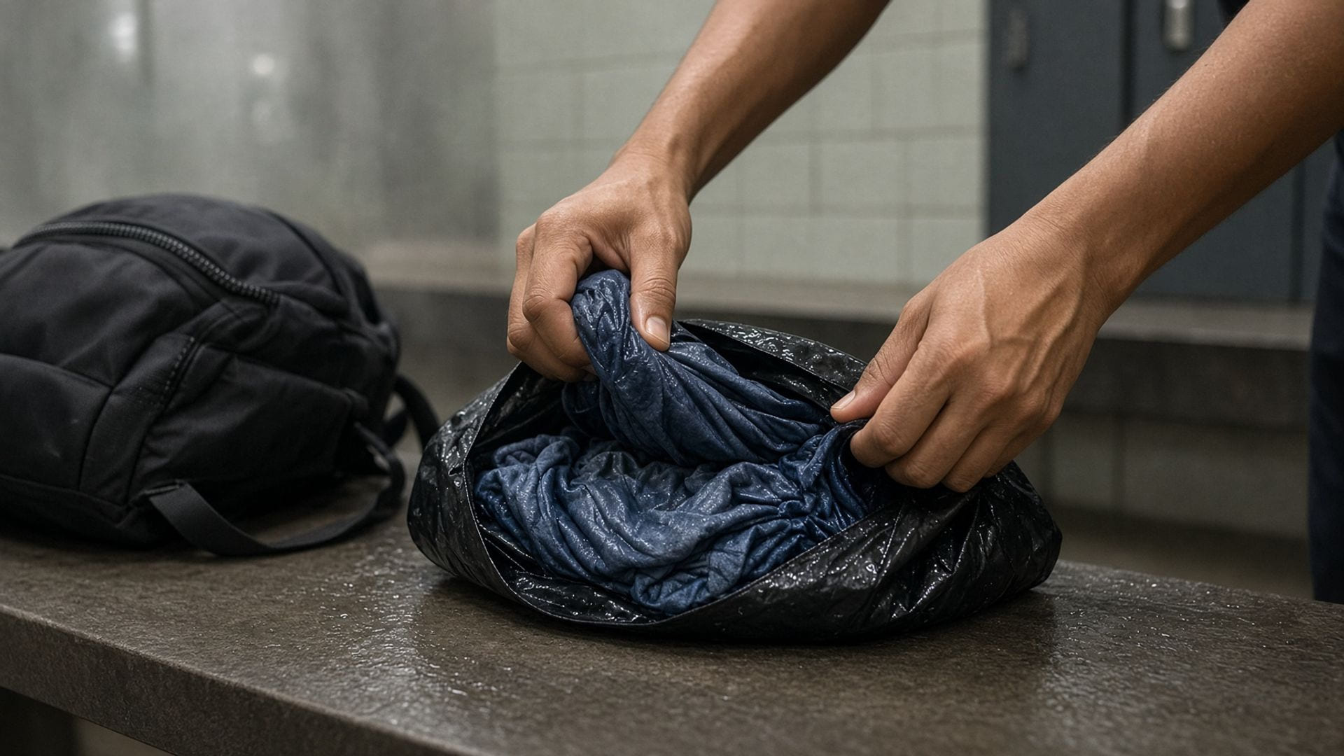A damp gym t-shirt being rolled into a separate wet bag on a locker-room bench