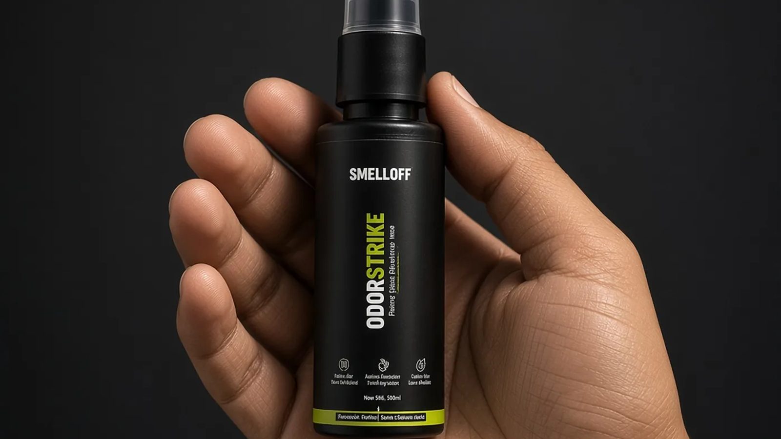 ODORSTRIKE 50ml in a shirt pocket next to a phone, showing the bottle is pocket-scale at about 11cm