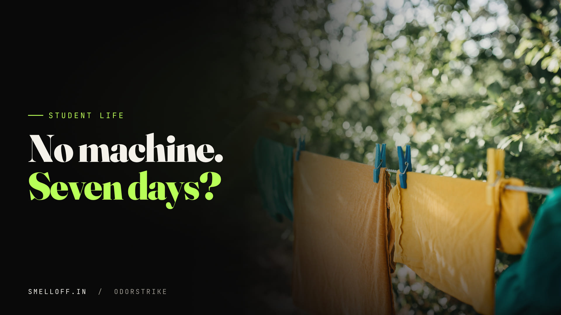 A hand pegs laundry onto an outdoor washing line, with shirts and towels hanging in the sun
