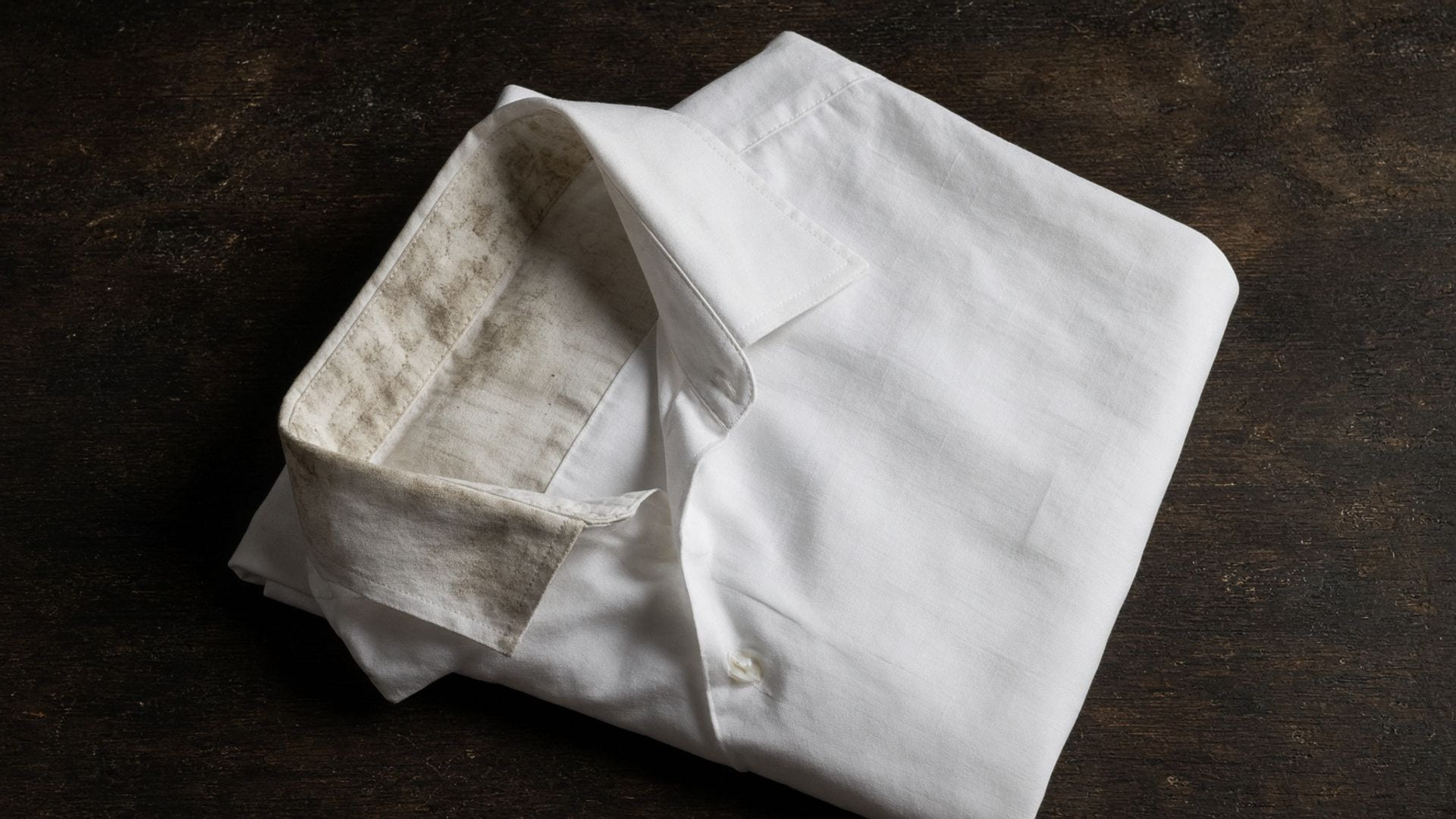 A white shirt folded back so the clean outer chest and the soiled inner collar band are both visible