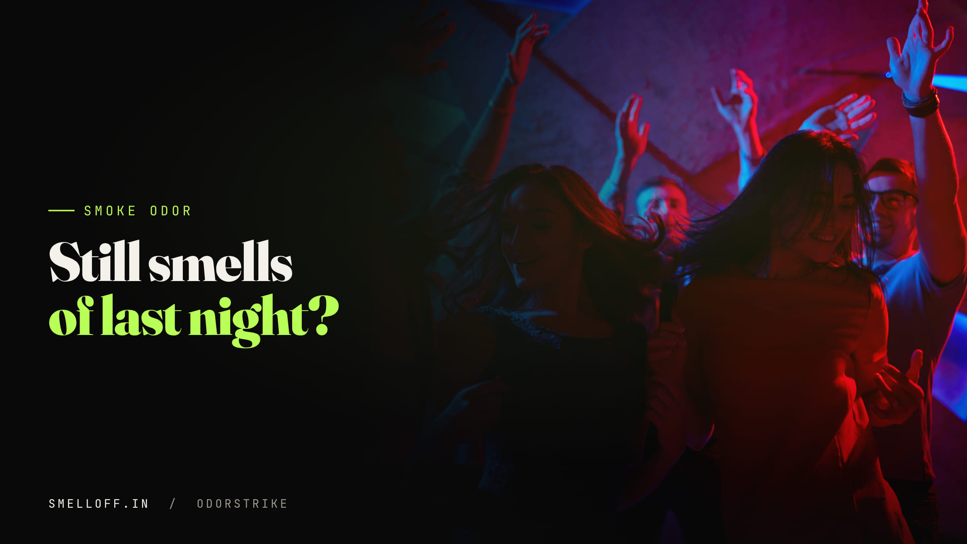 A group of friends dance closely together at a party under red and blue club lighting