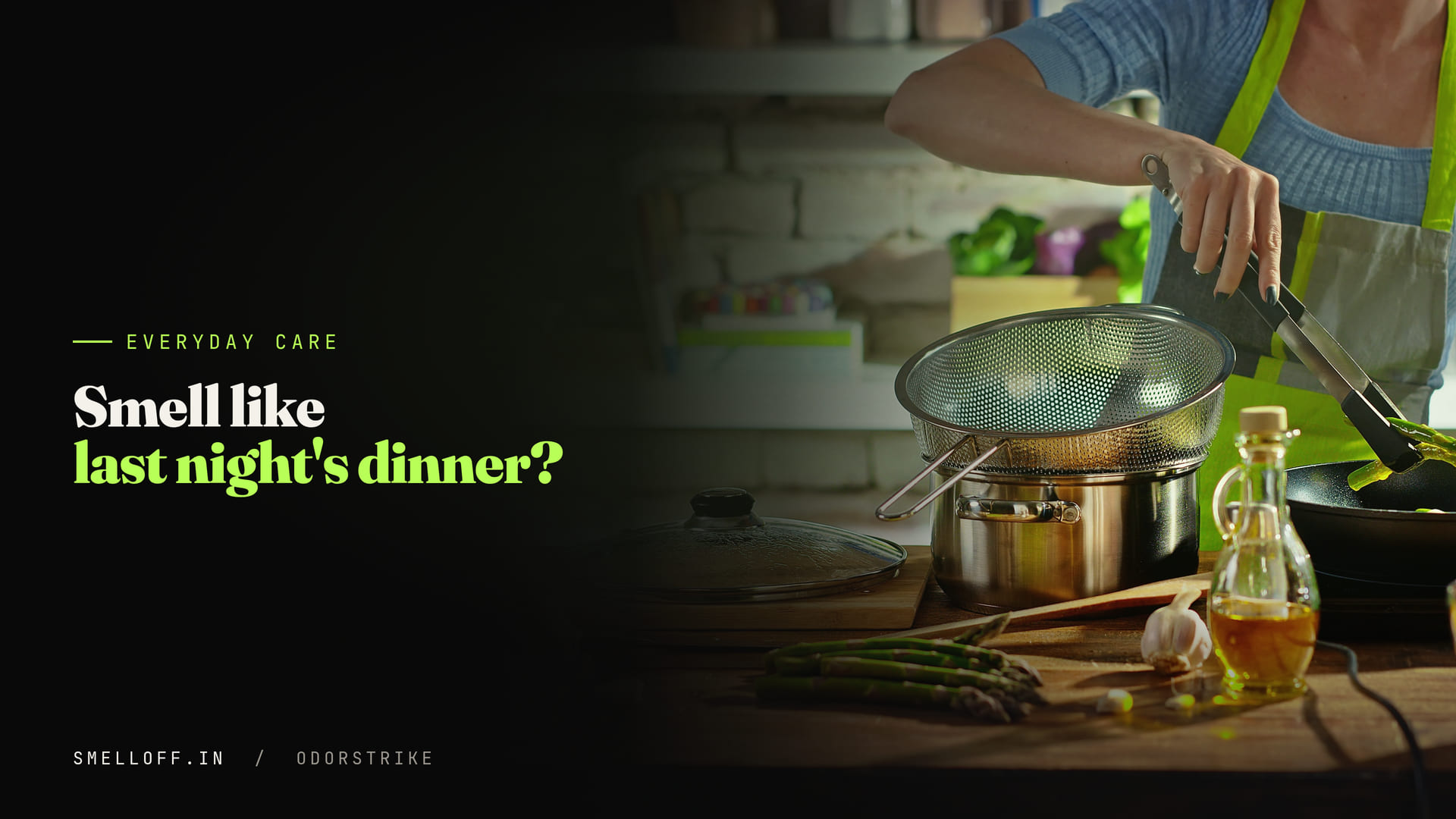 A woman in an apron cooks at a hob, adding vegetables to a hot pan on a wooden kitchen counter