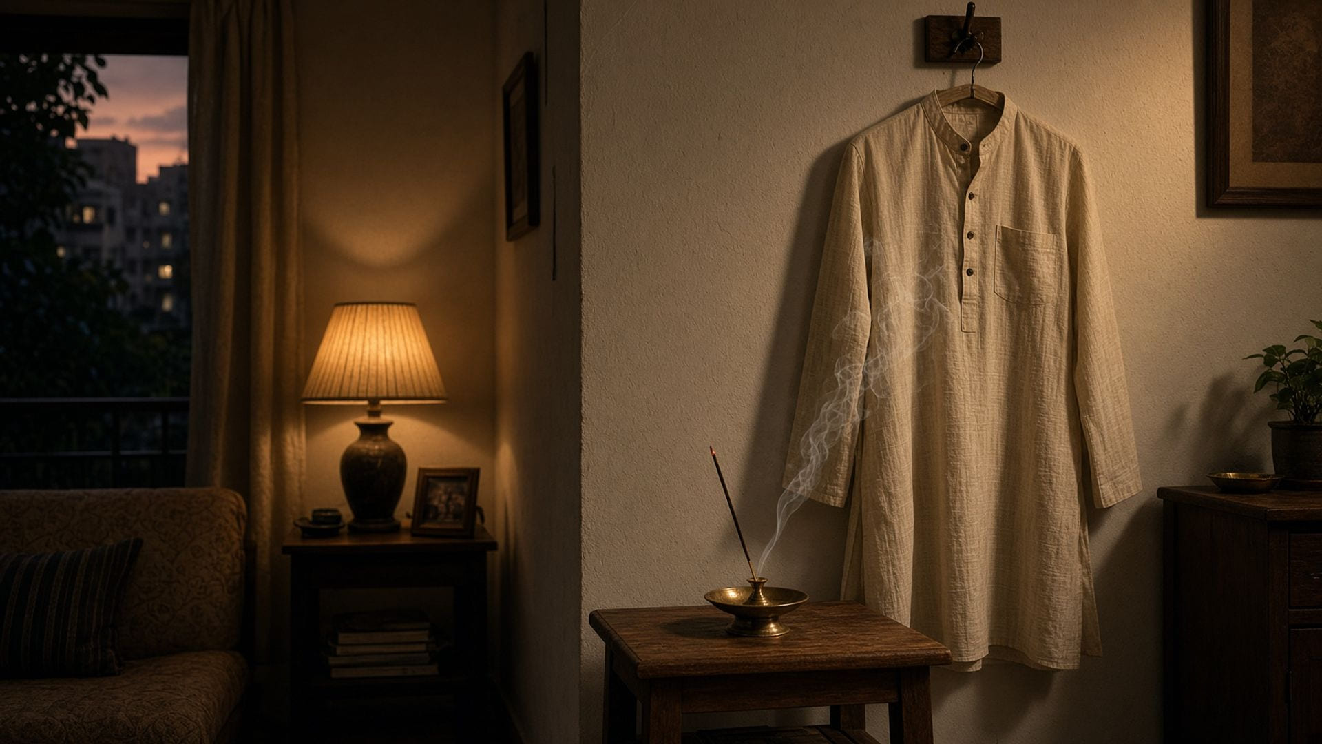 Agarbatti smoke drifting past a hanging cotton kurta in a warm Indian living room