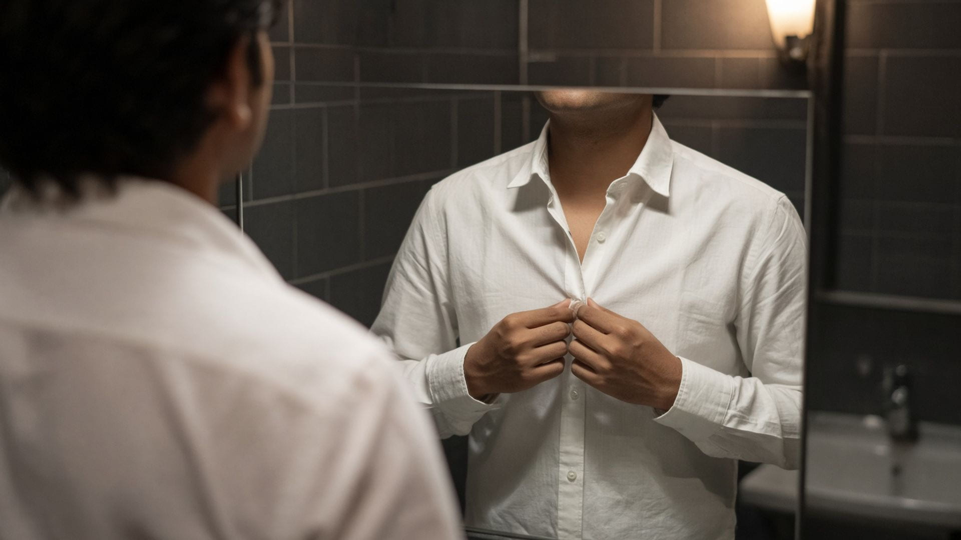 Hands straightening a rumpled white office shirt in a washroom mirror before a meeting
