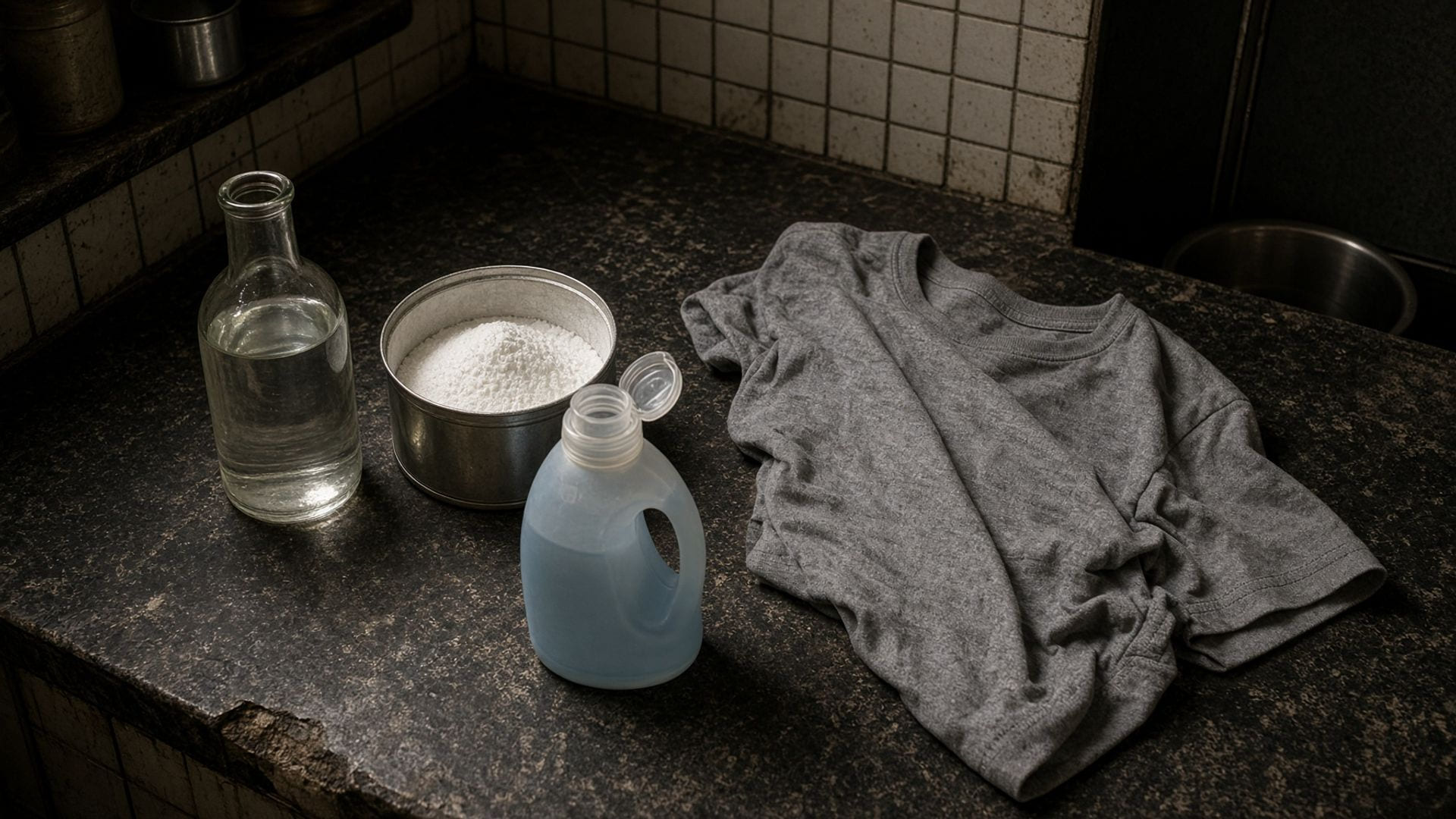 Vinegar, baking soda and fabric softener on a dark counter beside a crumpled grey t-shirt