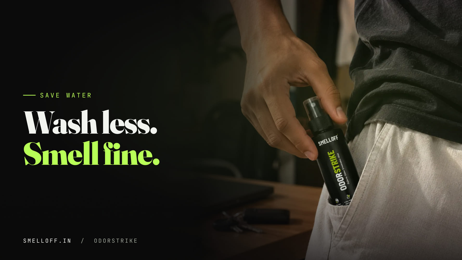 The ODORSTRIKE bottle tucked into the pocket of a pair of trousers
