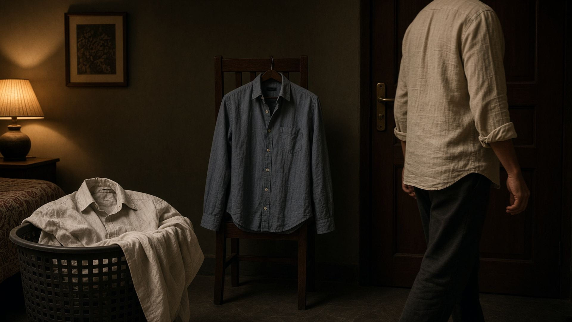 Three garments in one bedroom: one in a hamper, one airing on a chair, one being worn toward the door