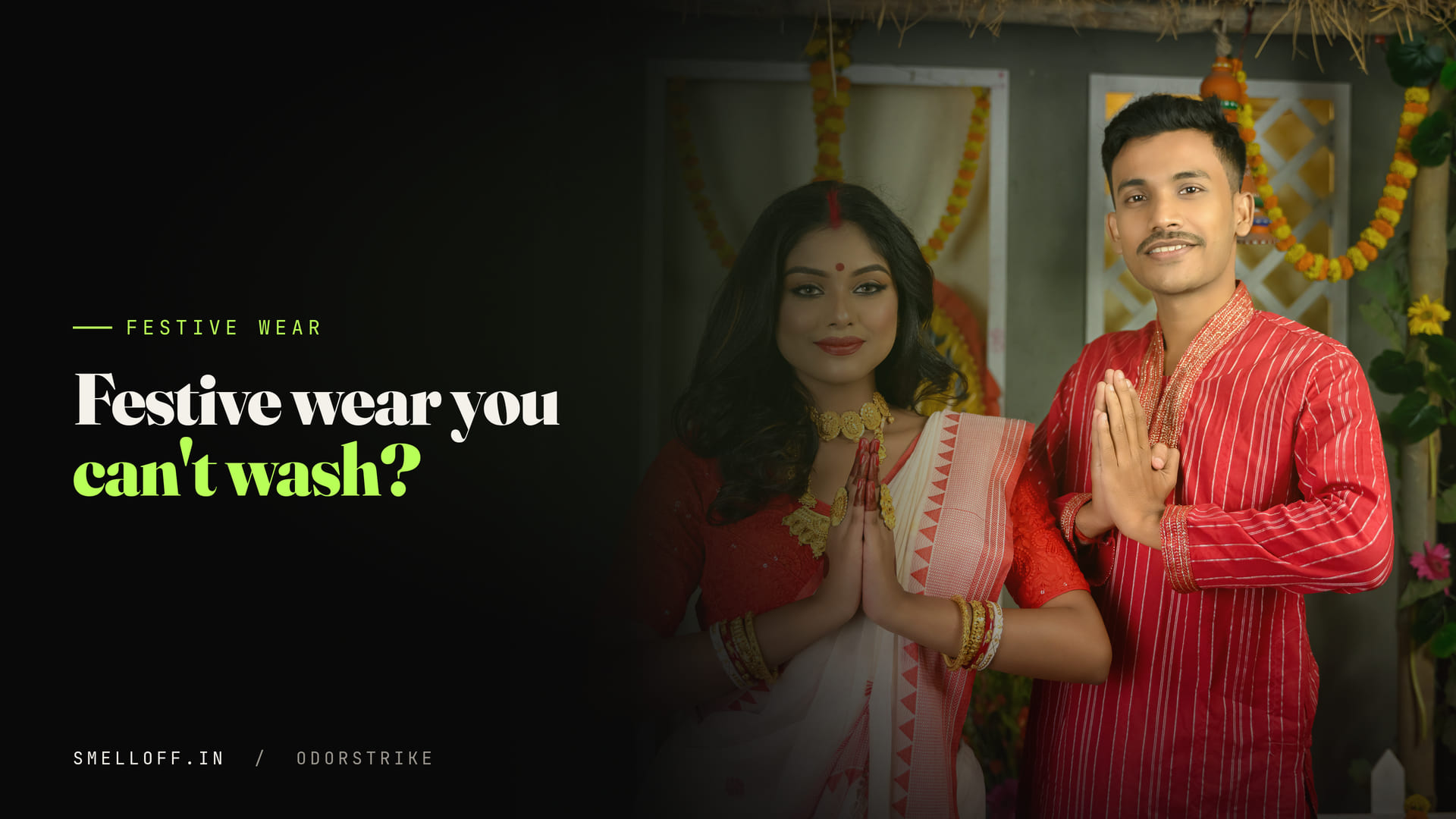 A couple in traditional Indian festive clothing, the kind of outfit that cannot simply be put through a wash