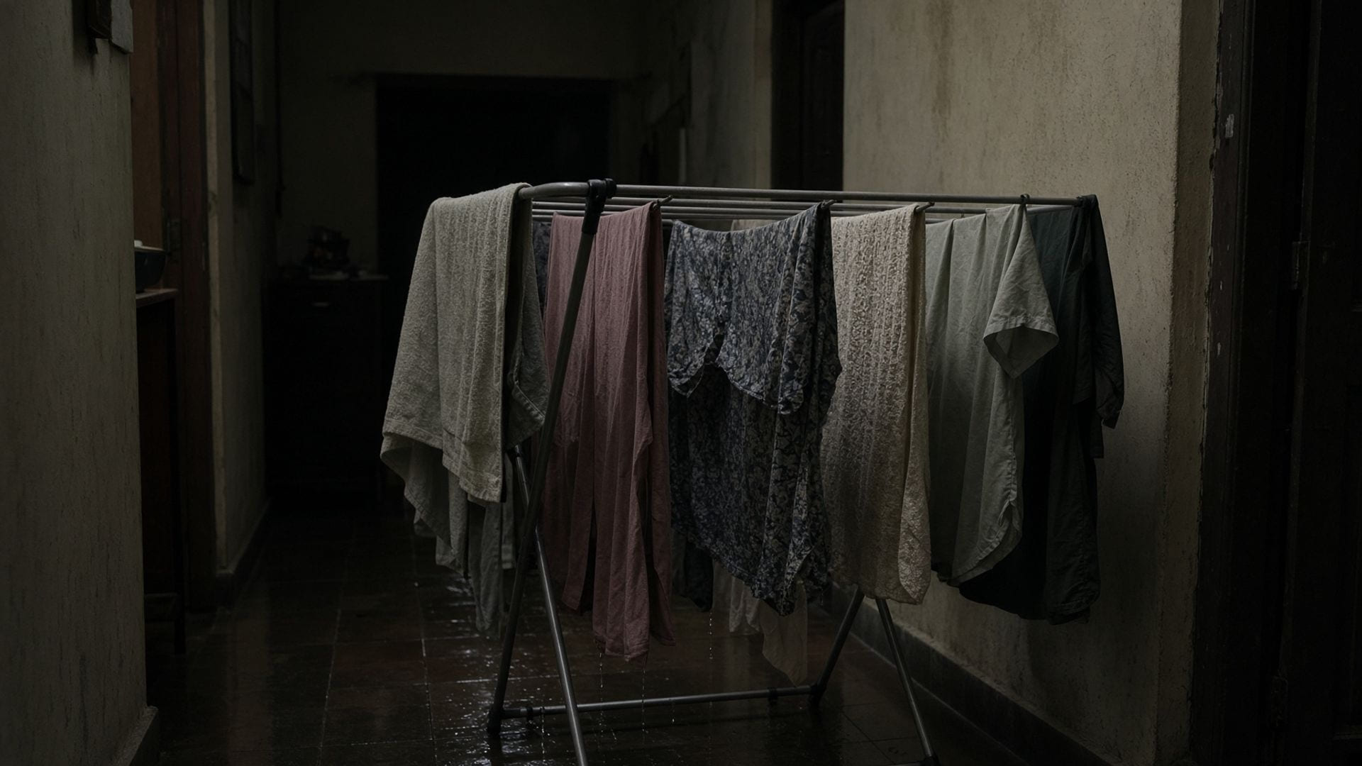 Washed clothes hanging limp on an indoor rack in a dim hallway with no sun, still faintly sour