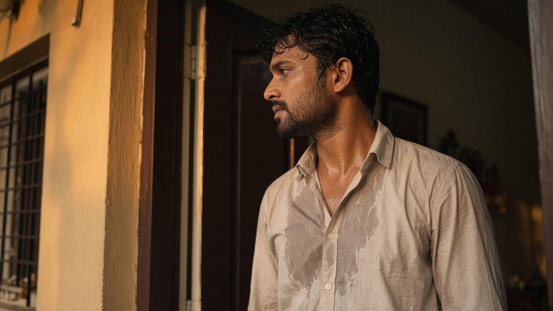 A cotton shirt clinging at the chest and underarm in a doorway after a humid walk