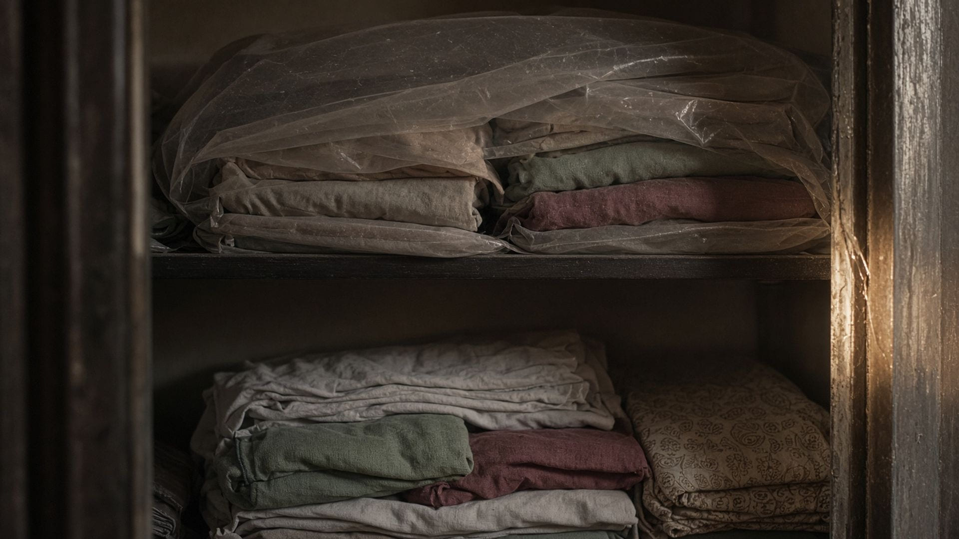 Folded clothes stacked on a plastic-covered almirah shelf, grey at the folds from closed storage