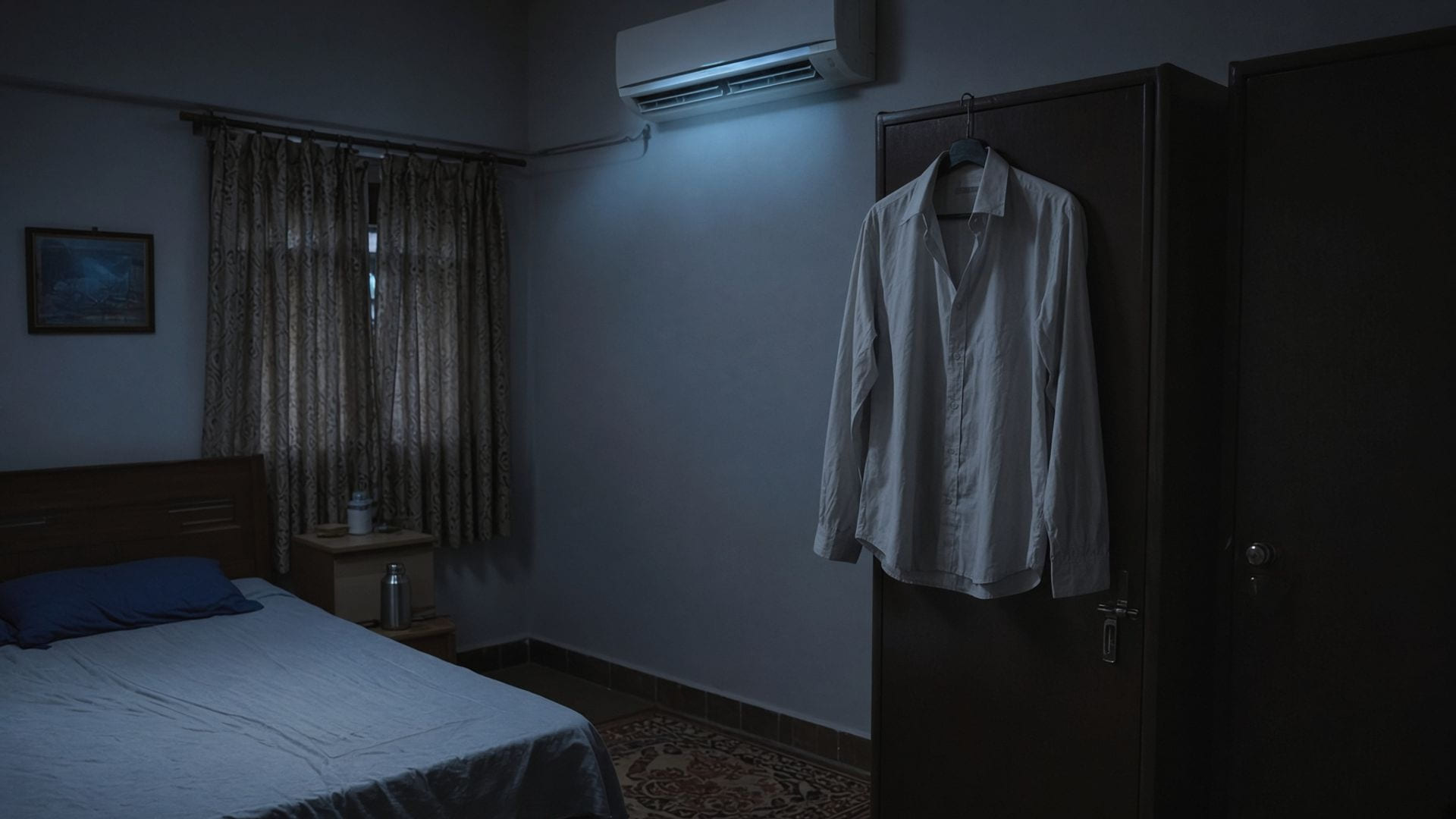 A pale shirt hanging motionless in a closed air-conditioned Indian bedroom