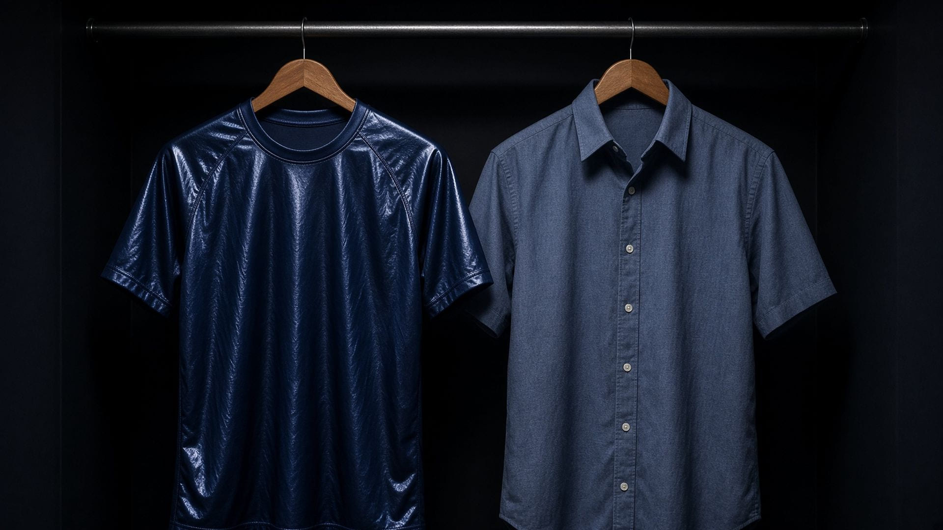 A glossy polyester gym tee hanging beside a matte cotton oxford, showing two very different fibre surfaces