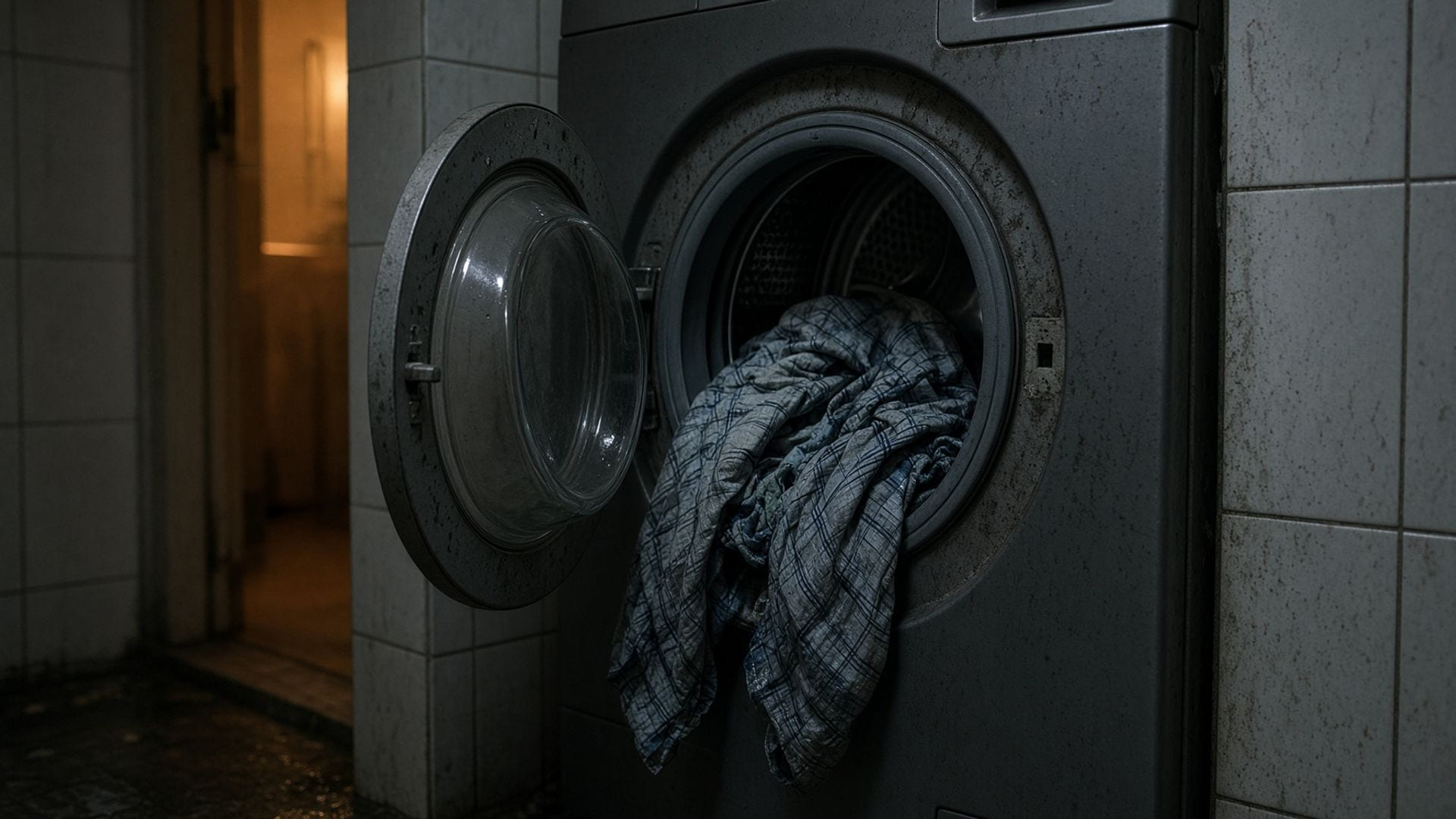 Open front-loading washing machine in a compact Indian bathroom with a damp shirt hanging from the drum